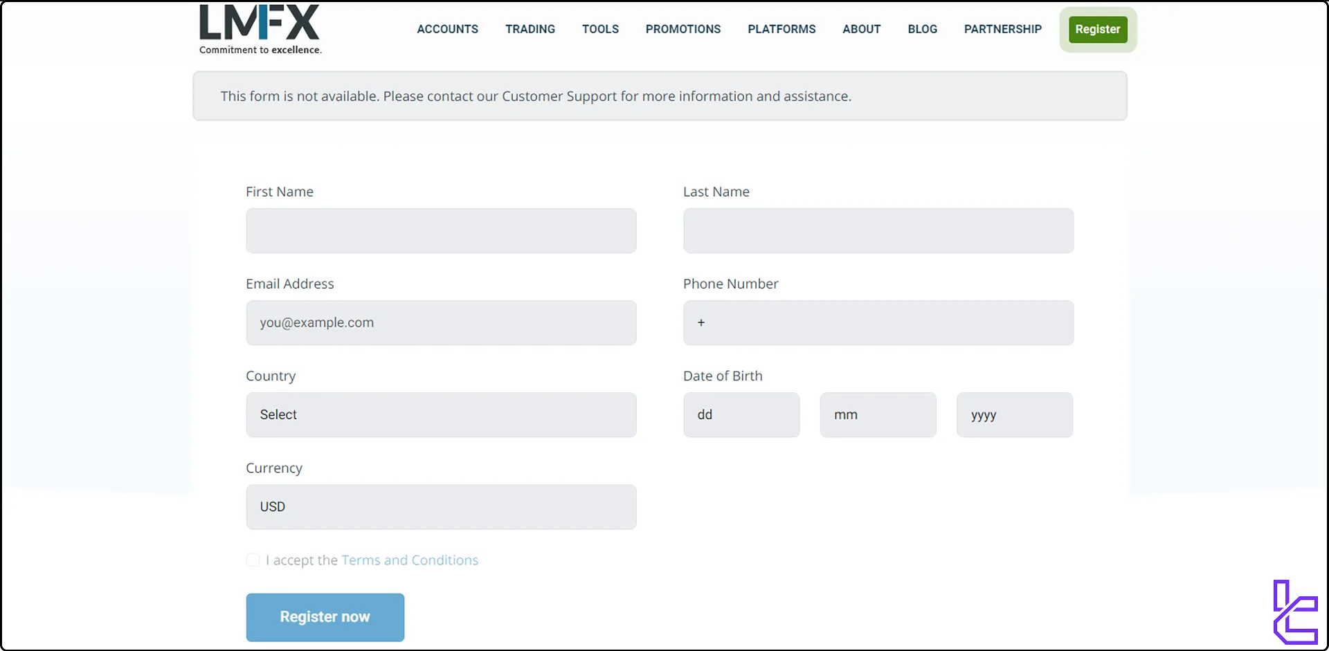 LMFX sign-up is unavailable
