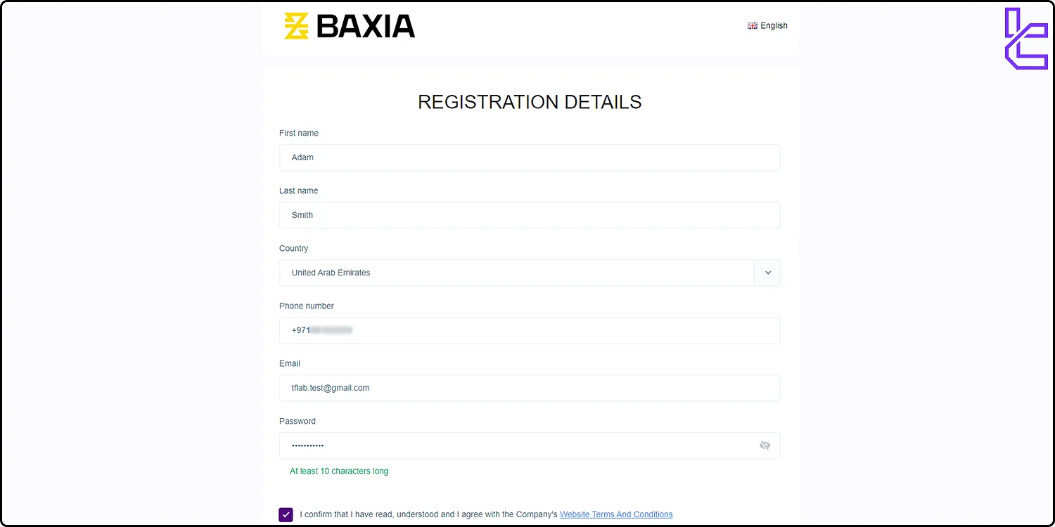 Baxia Markets registration form