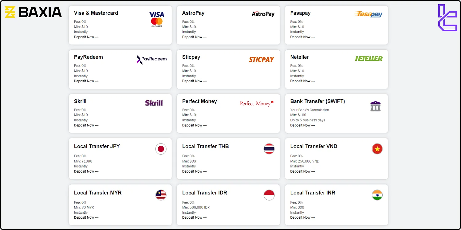 Baxia Markets deposit methods