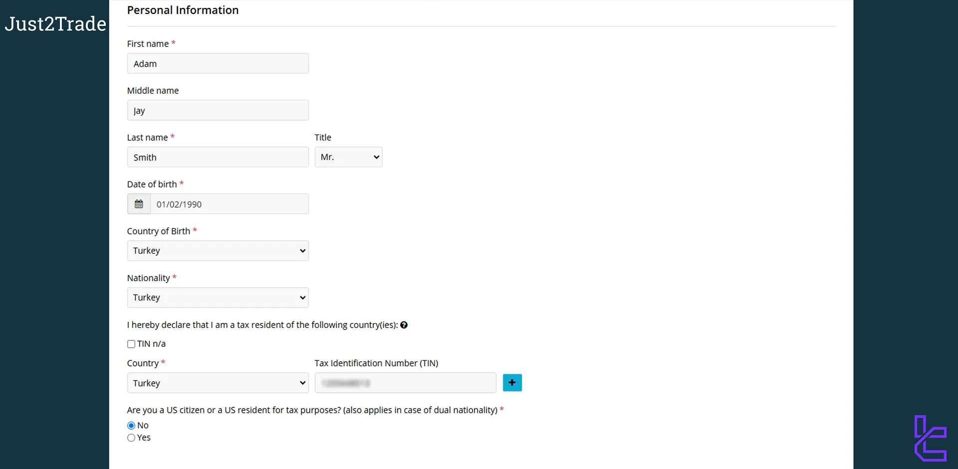 Just2Trade account registration form