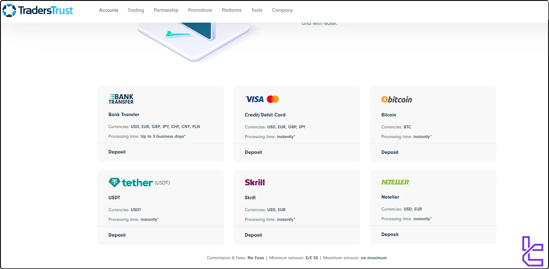 Traders Trust deposit options