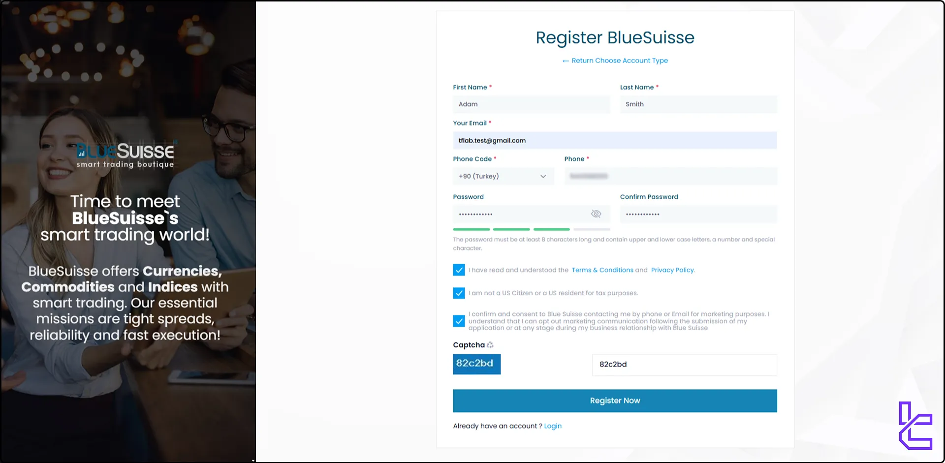 BlueSuisse registration form