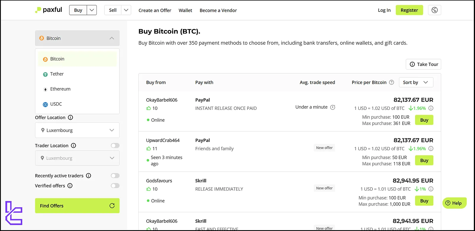 Available assets on PAXFUL