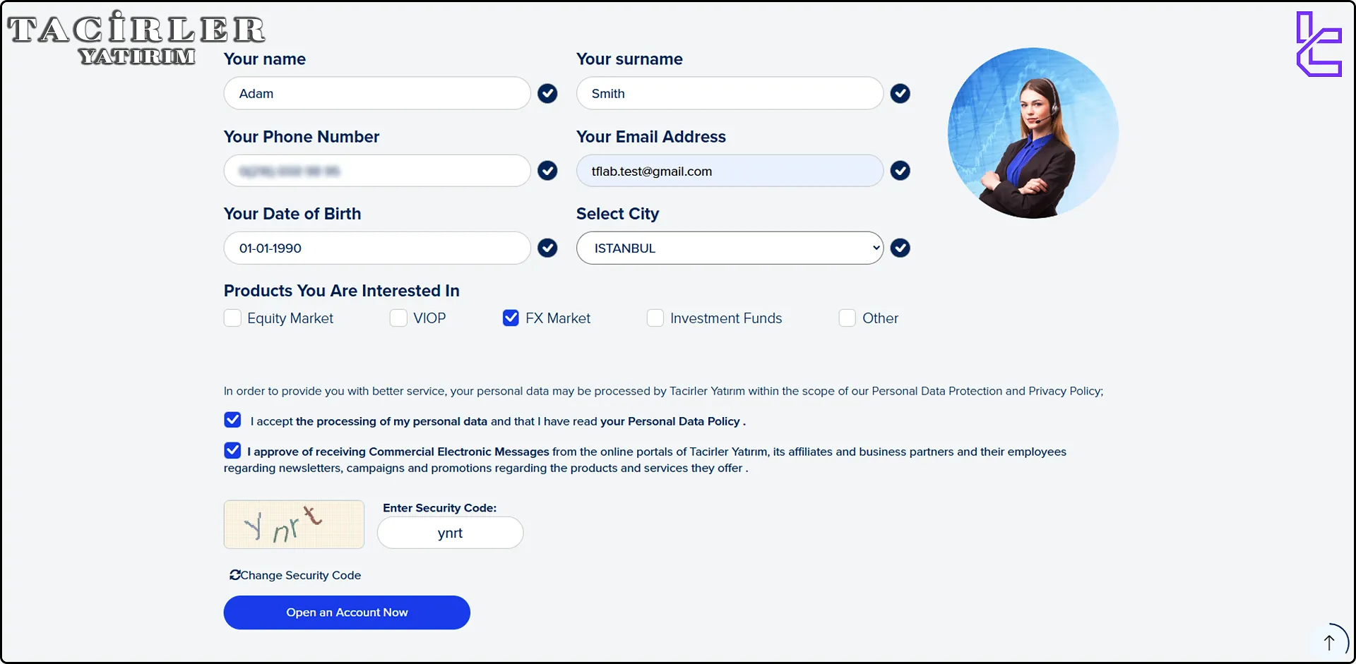 Tacirler Yatırım registration form