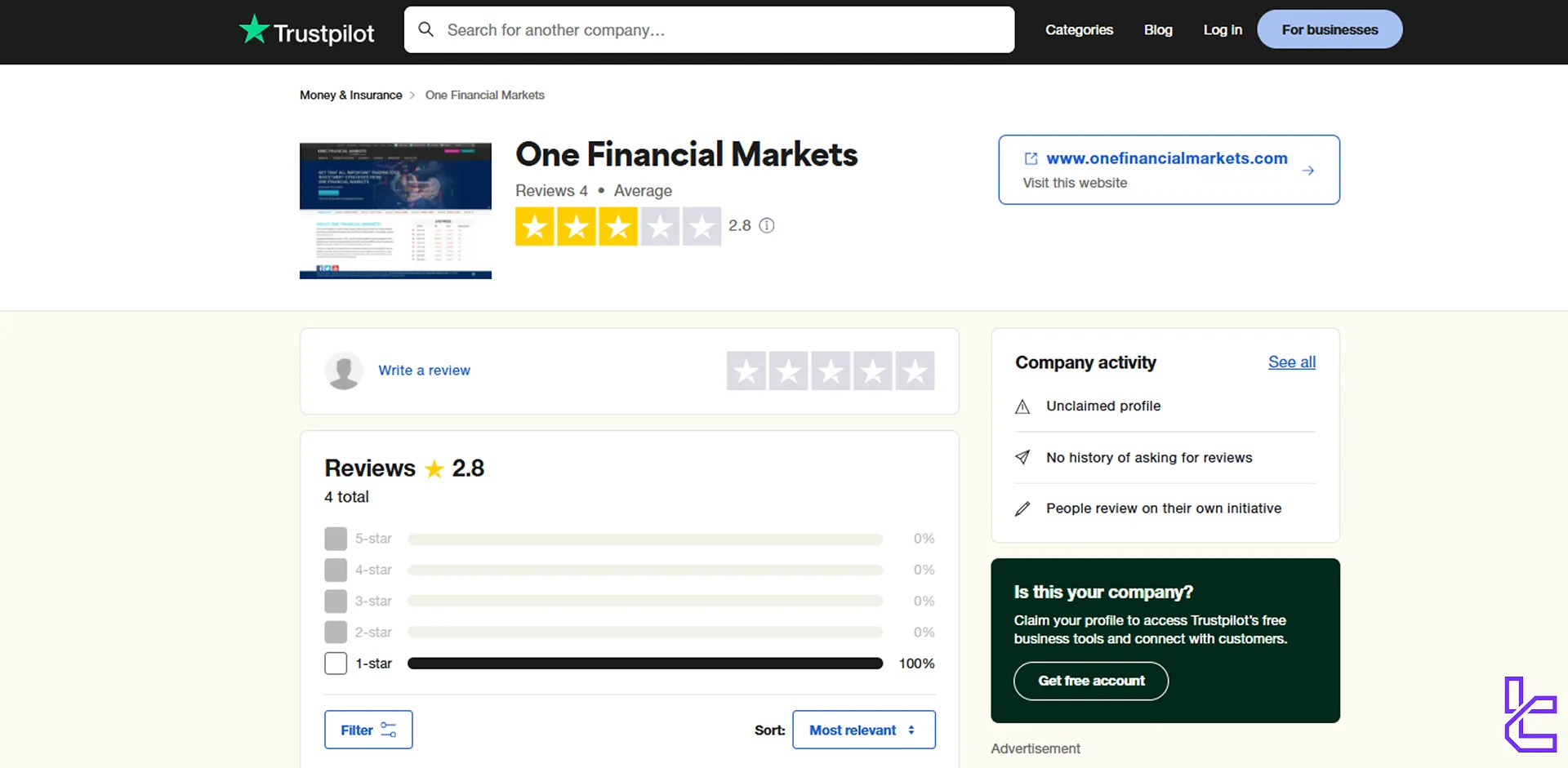 One Financial Markets broker Trustpilot score