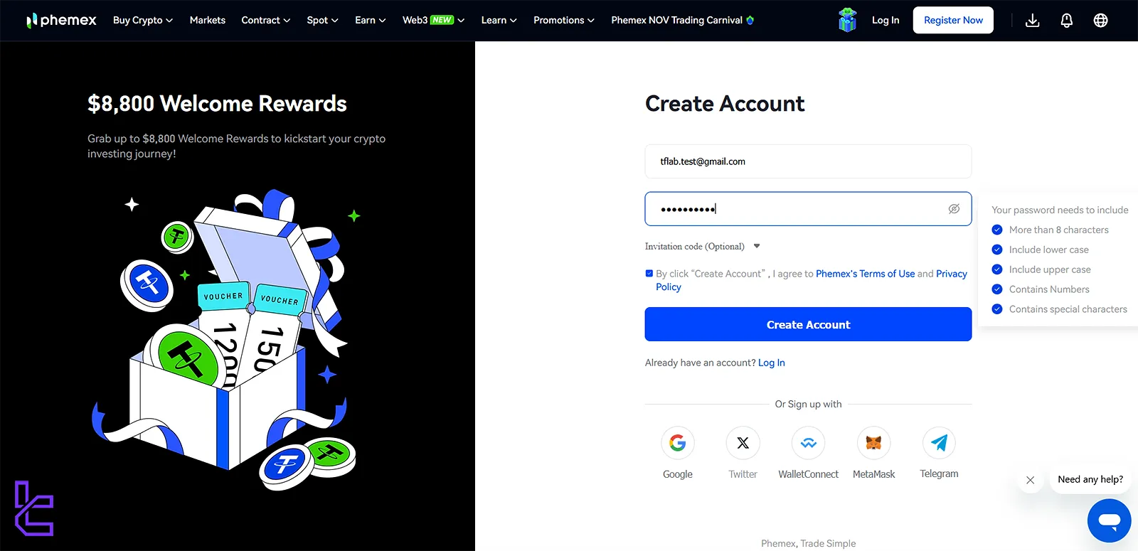 Creating an account in PHEMEX