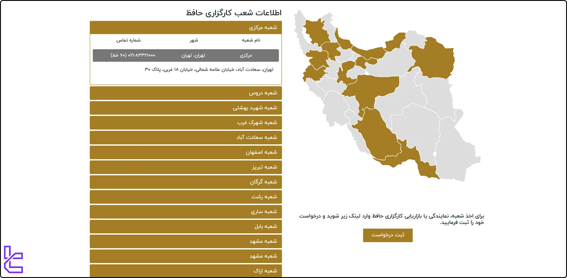 شعب کارگزاری حافظ در ایران