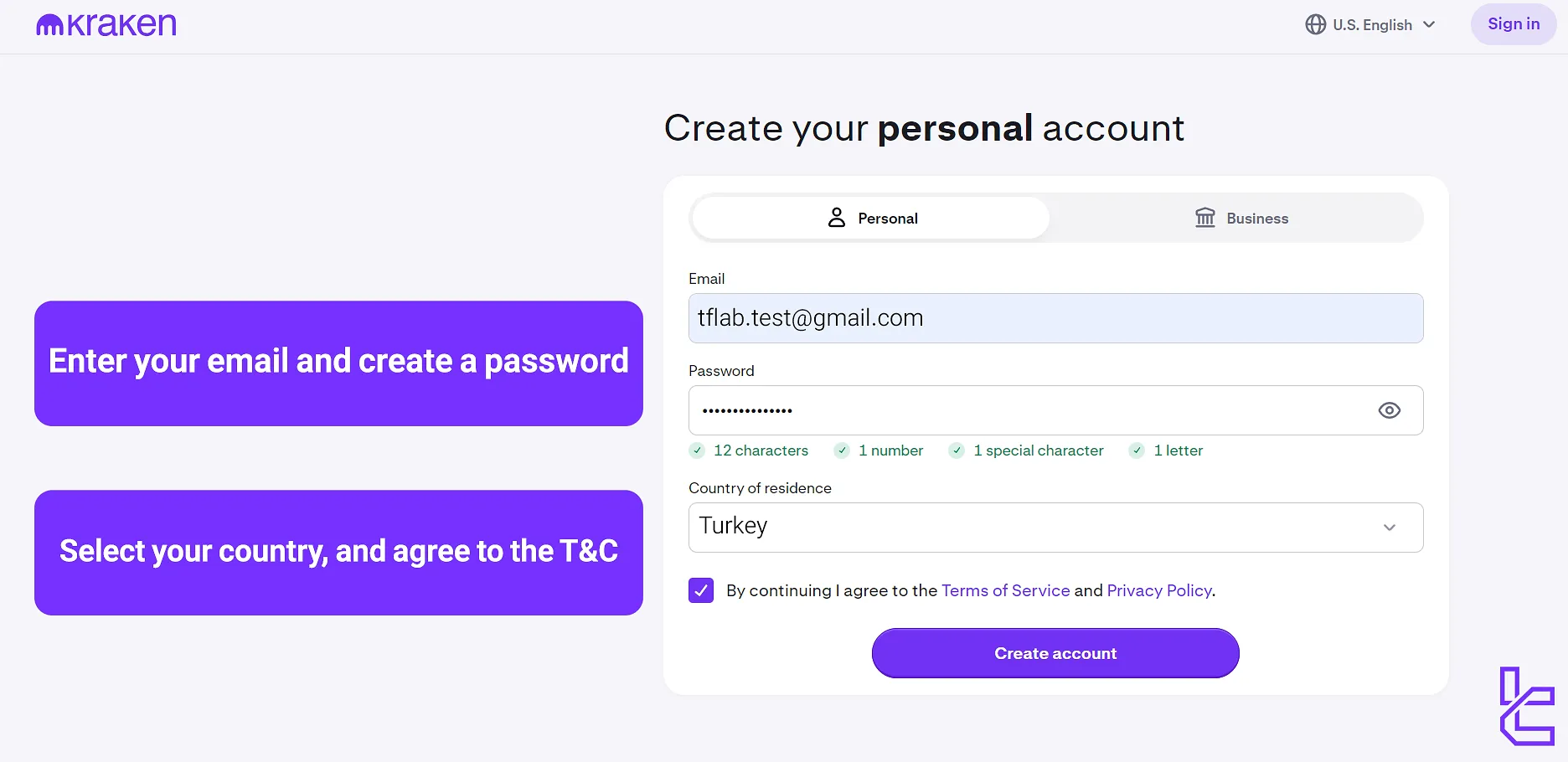 Kraken Registration form