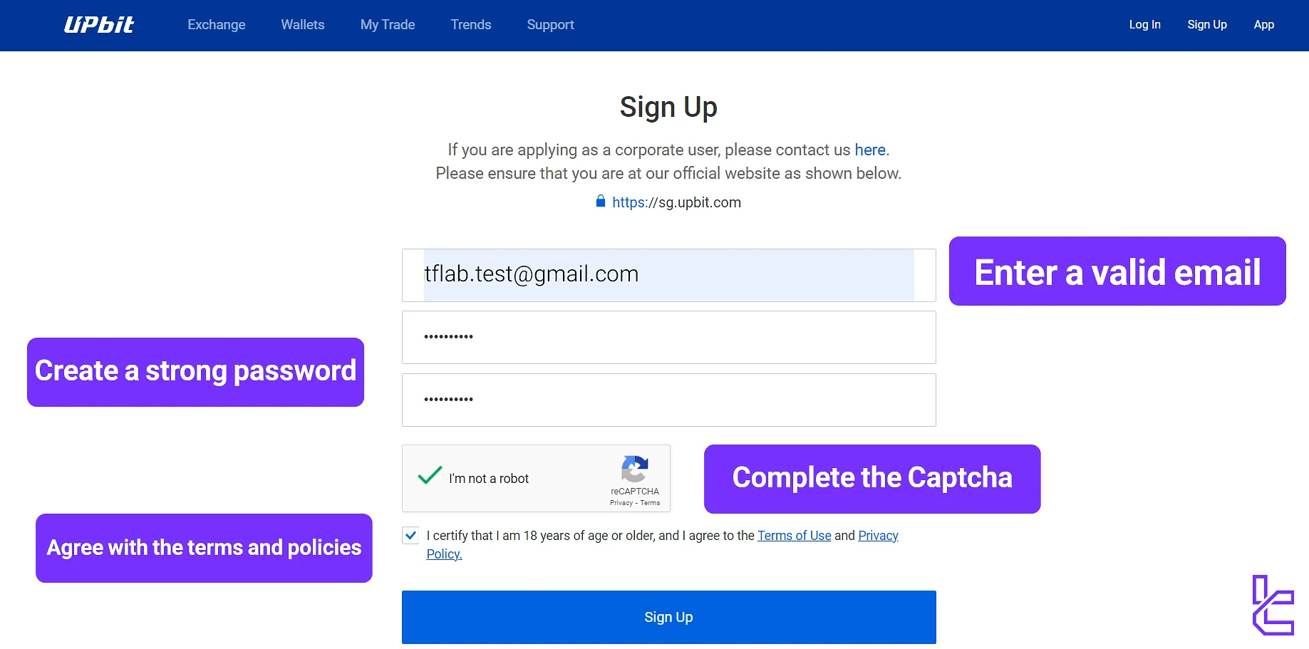 Upbit sign up form