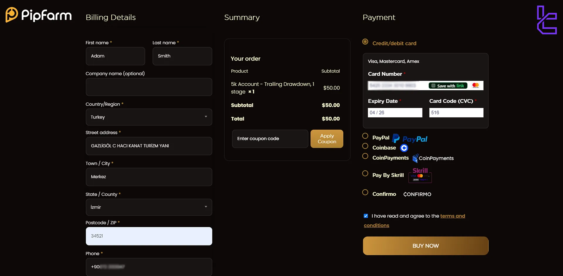 PipFarm checkout form