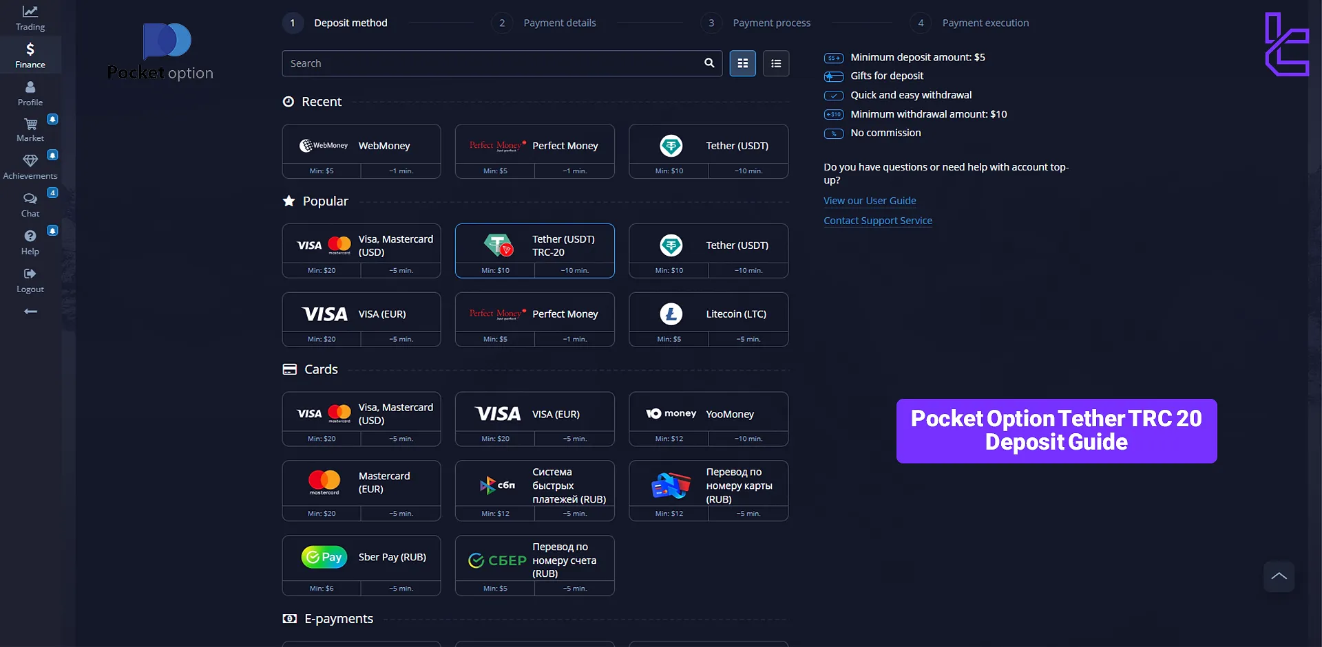 Pocket Option Tether TRC20 deposit
