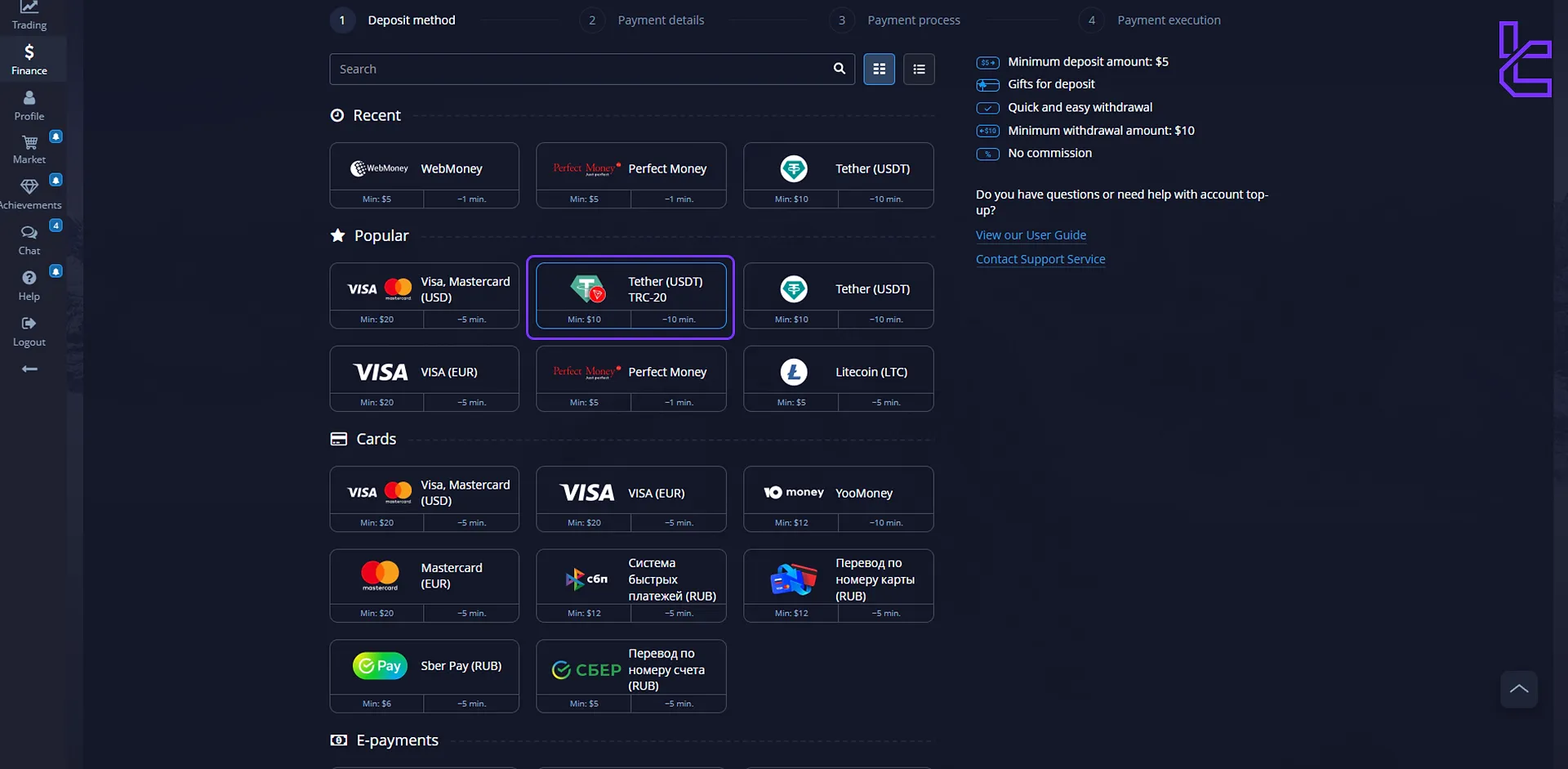 Pocket Option Tether TRC20 deposit