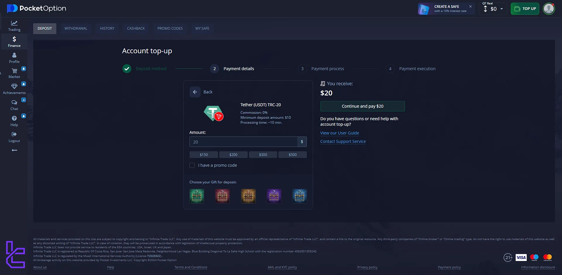 Depositing USDT on TRC 20 network to fund the Pocket Option account
