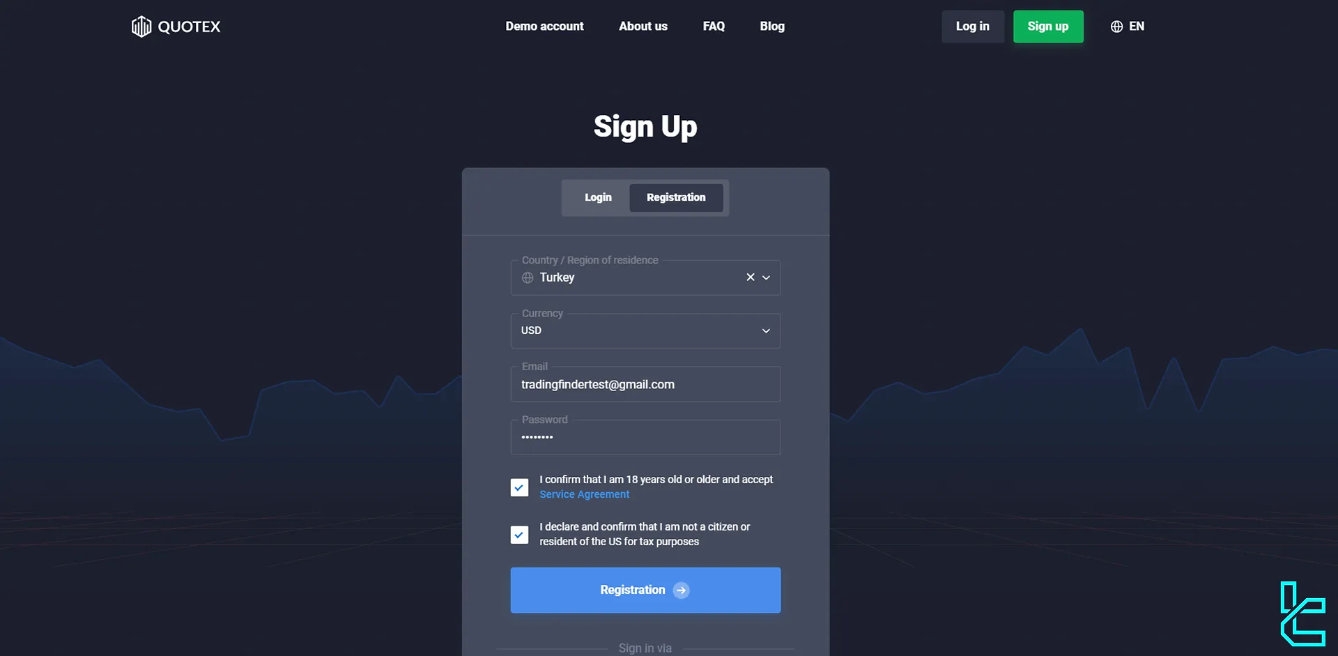 Quotex registration form