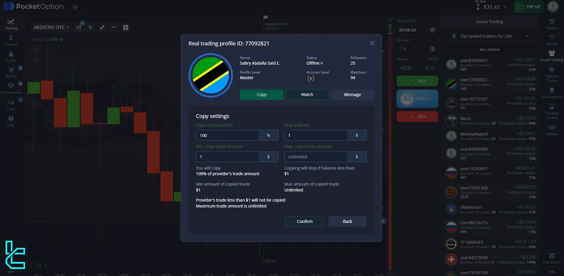 Pocket Option copy trading settings