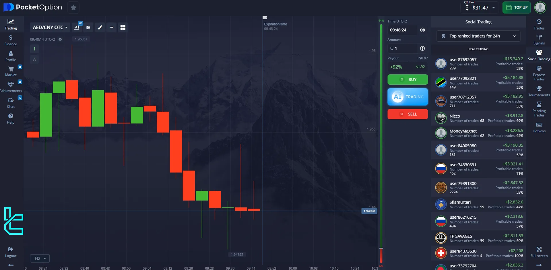 Pocket Option account social trading tab