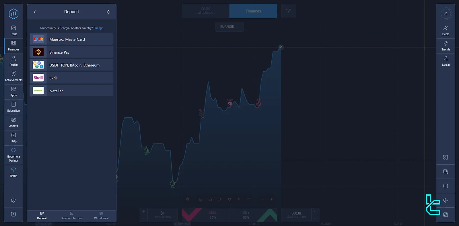 Choosing the payment USDT method