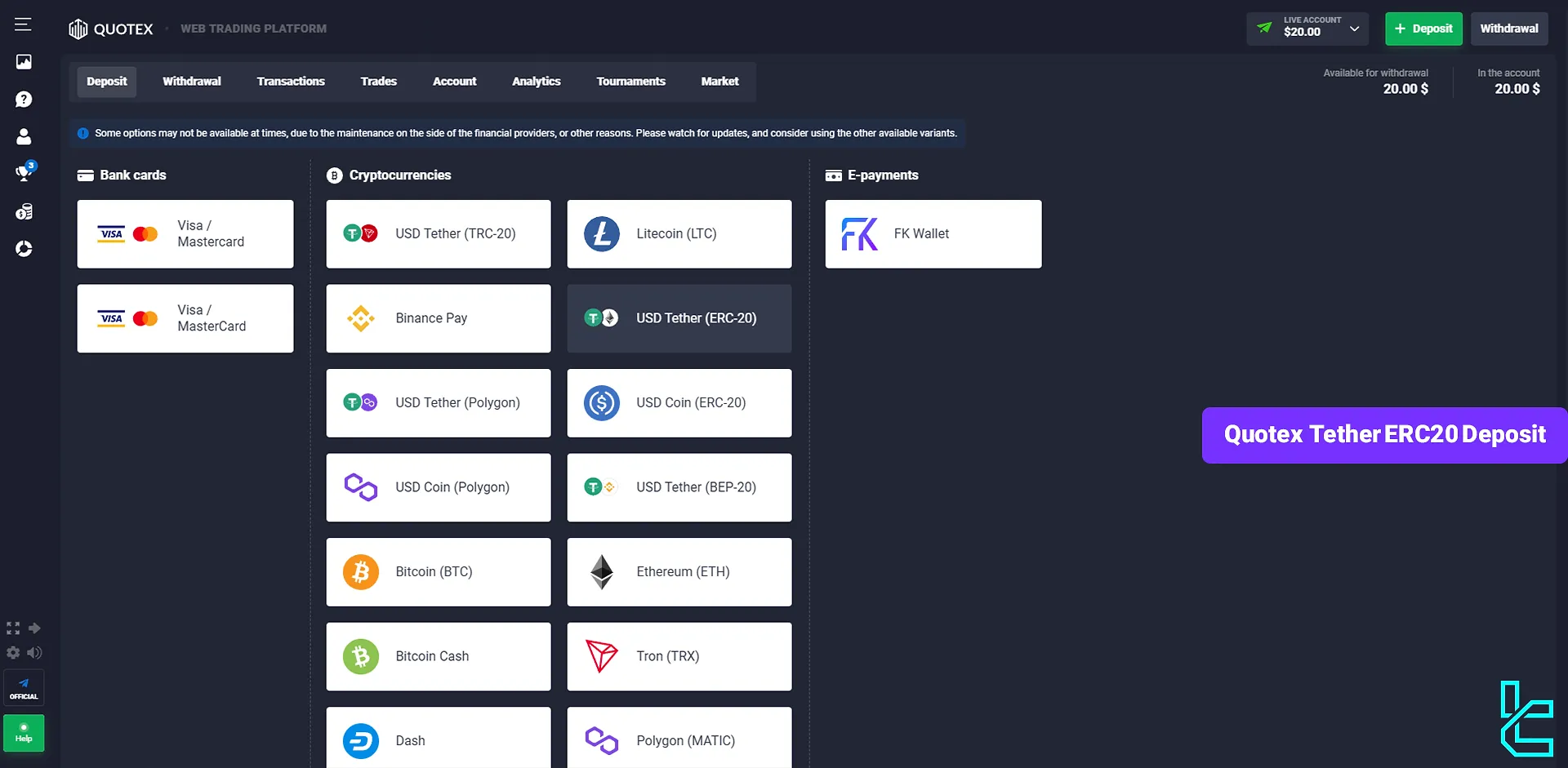 Quotex Tether ERC20 deposit