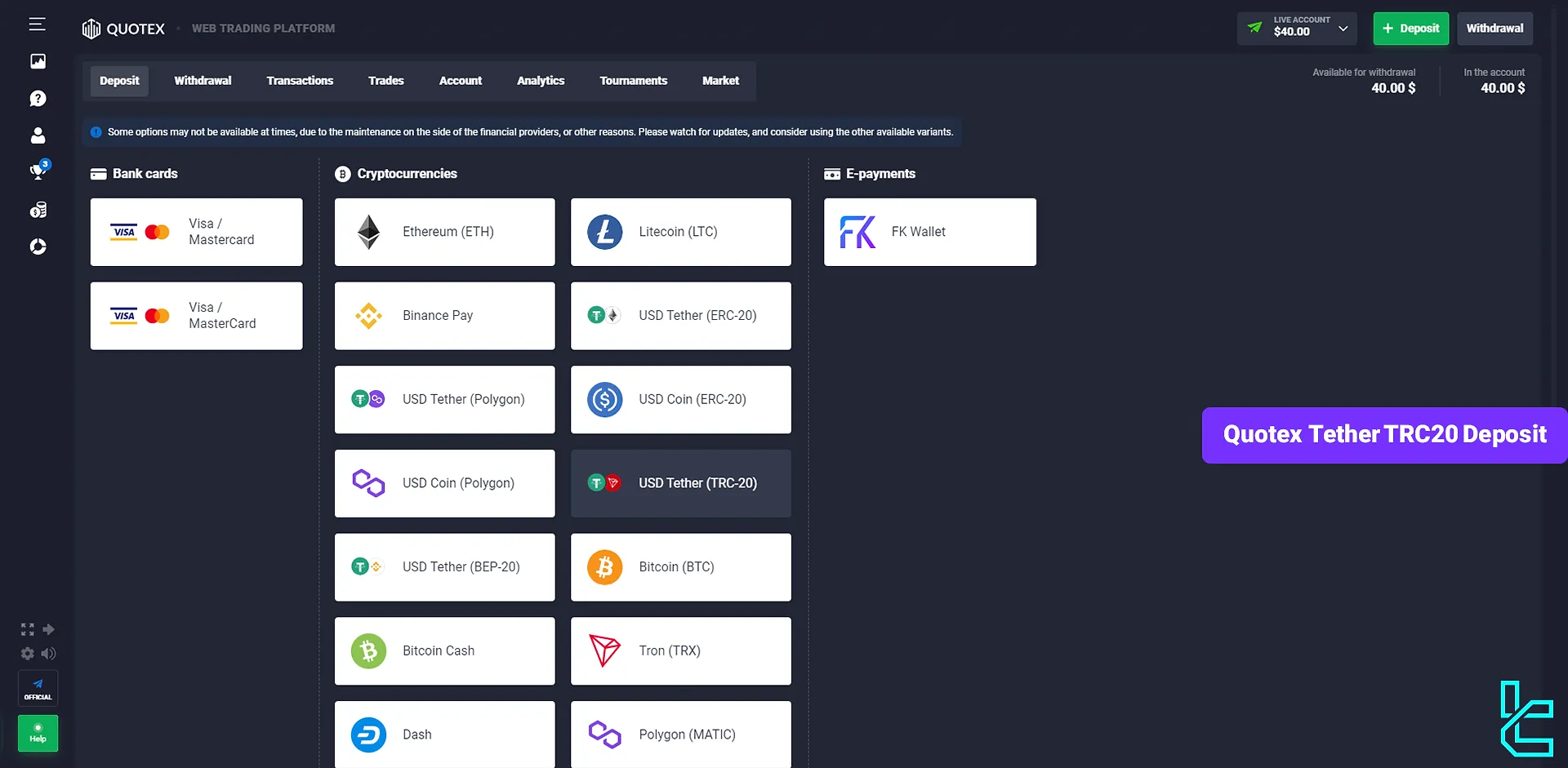 Quotex Tether TRC20 deposit guide