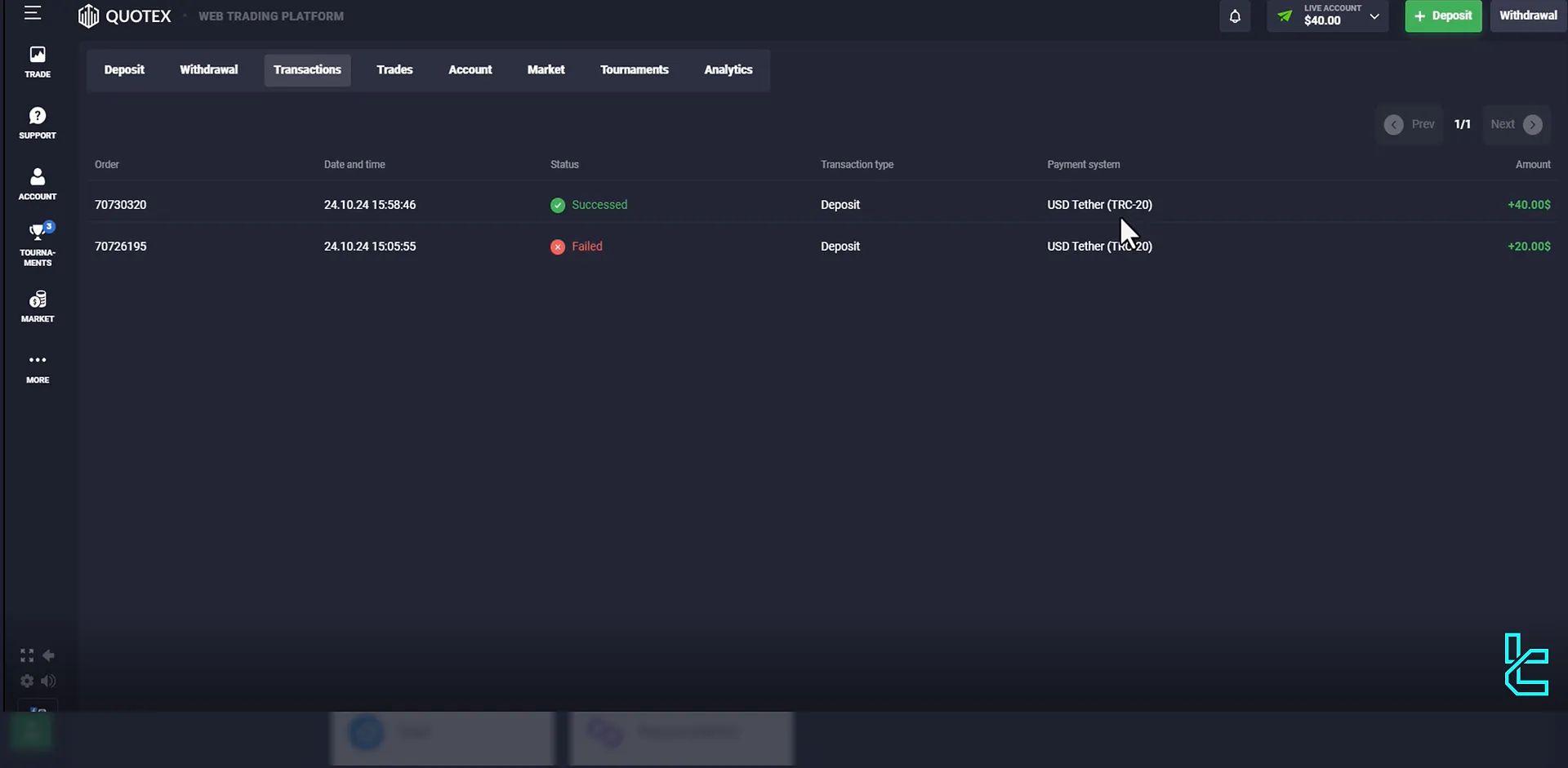 Quotex broker transaction history