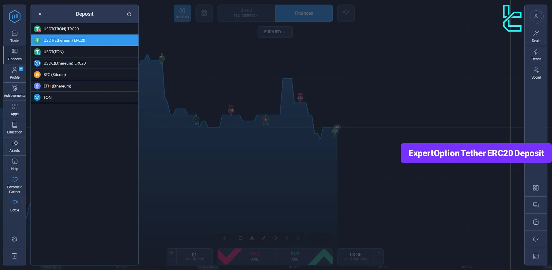 ExpertOption Tether ERC20 deposit