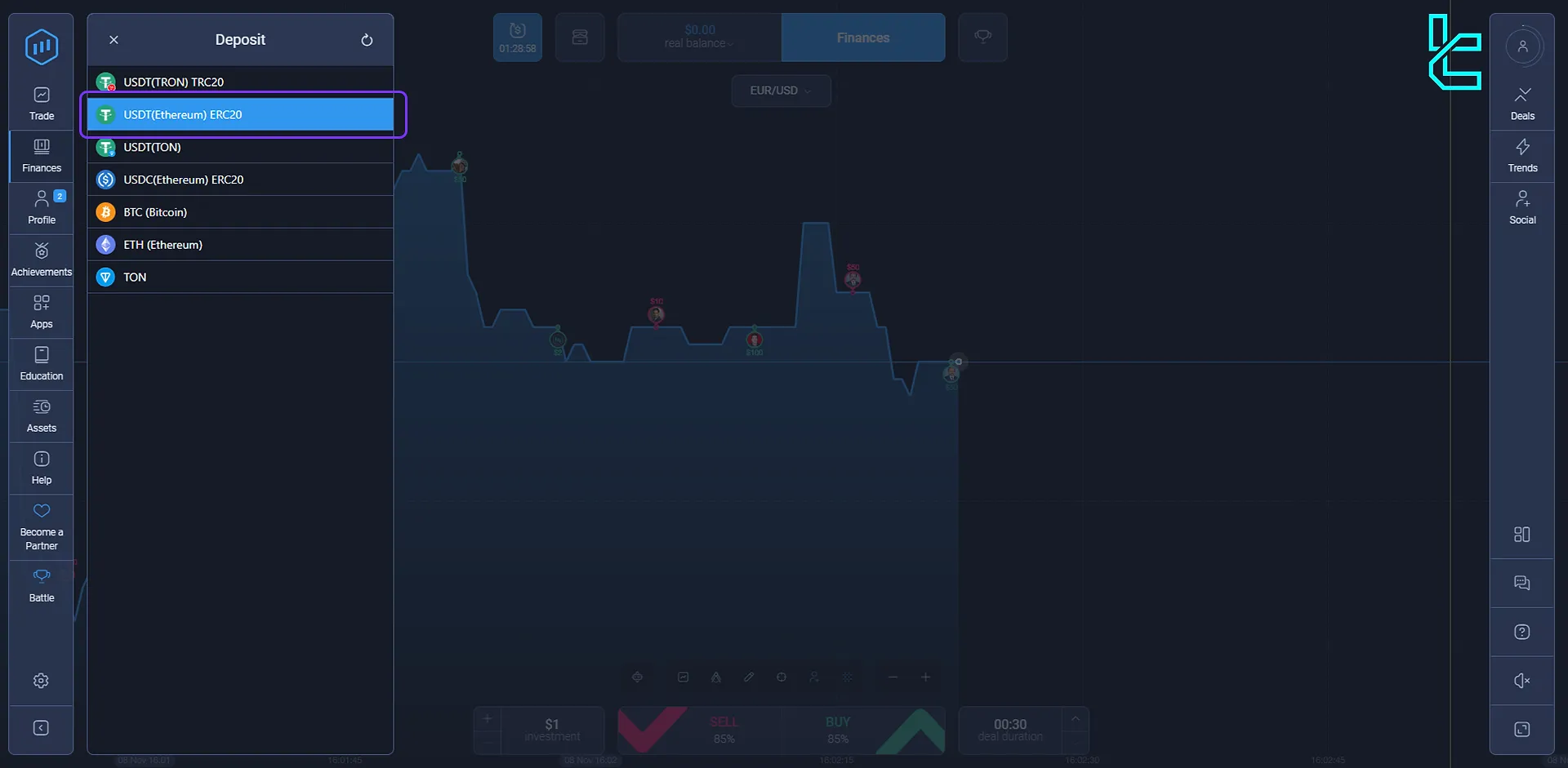 ExpertOption cryptocurrency deposit options