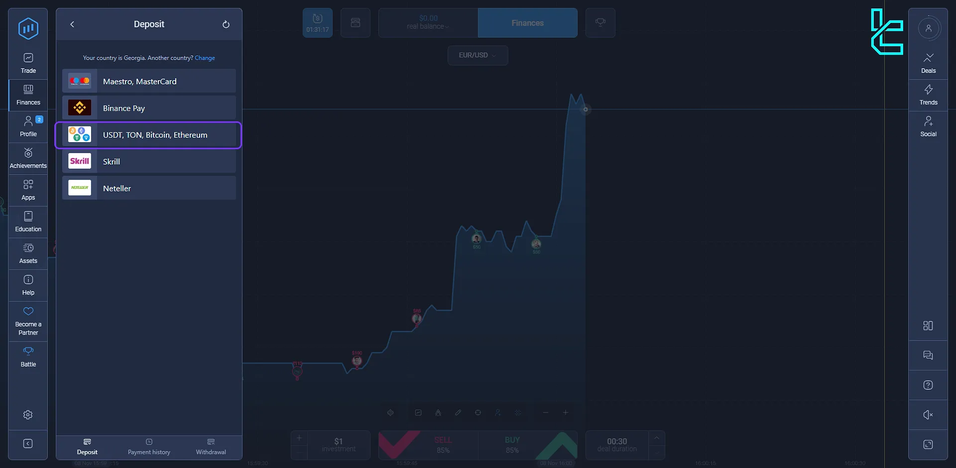 ExpetOption cryptocurrency deposit