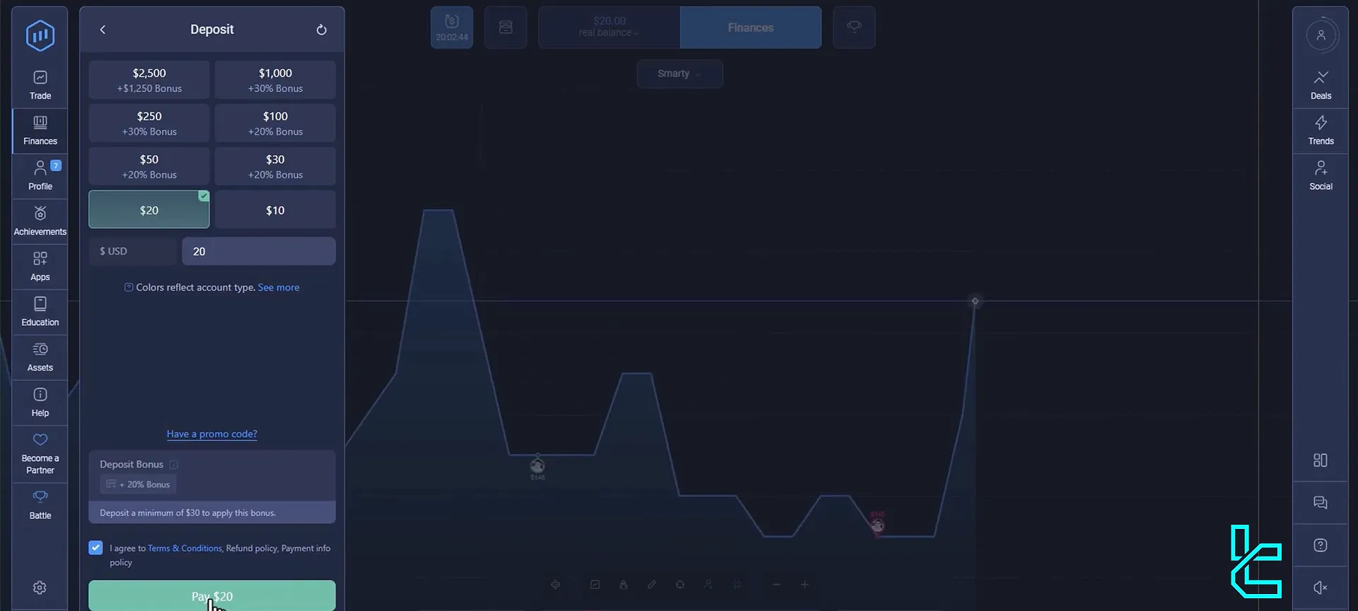 ExpertOption deposit amount and bonus code page