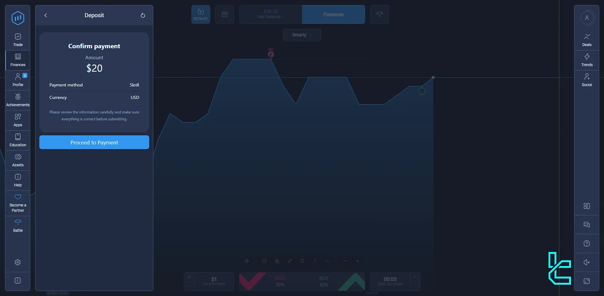 Confirming ExpertOption Skrill deposit