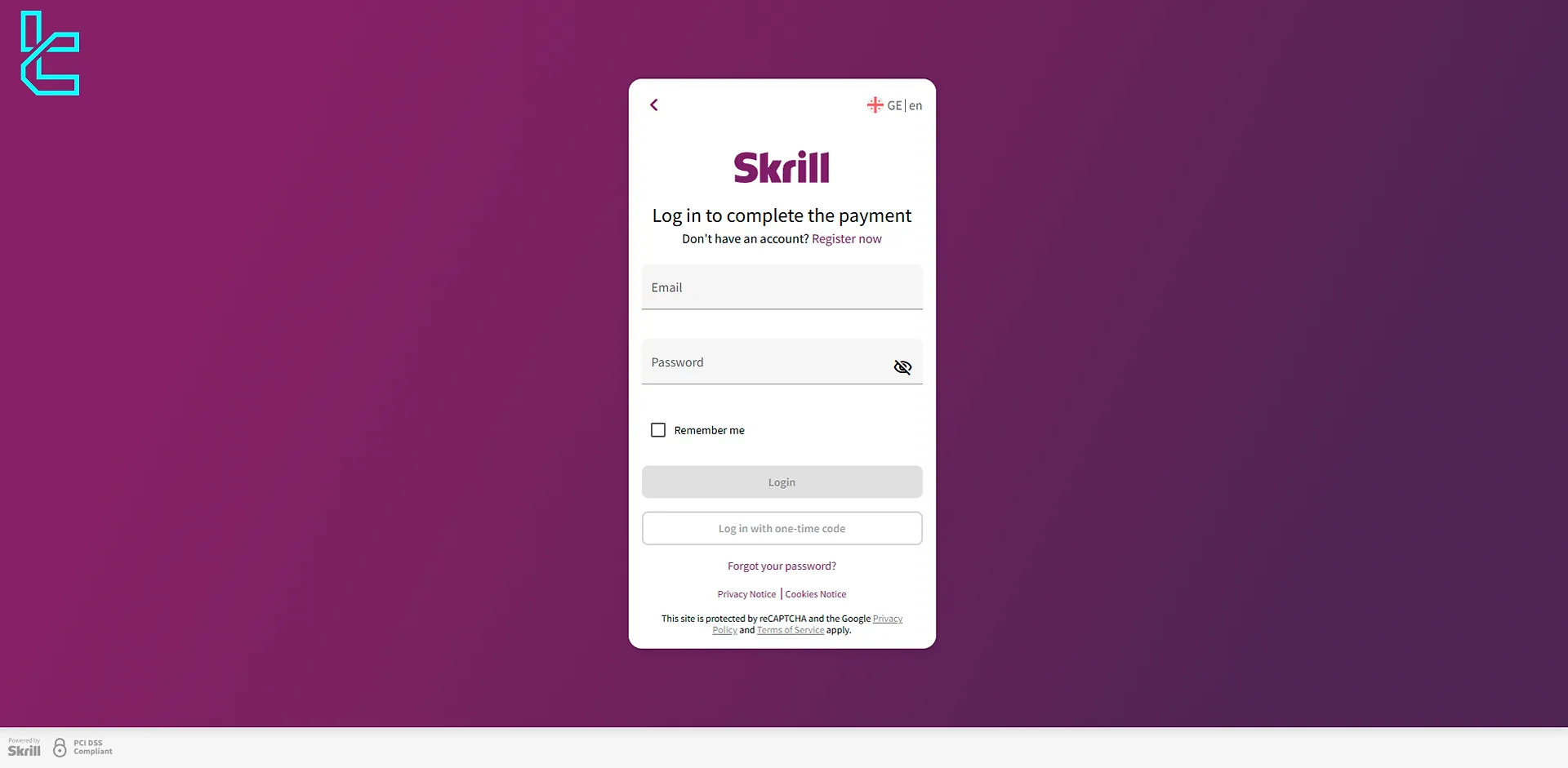 Skrill login page