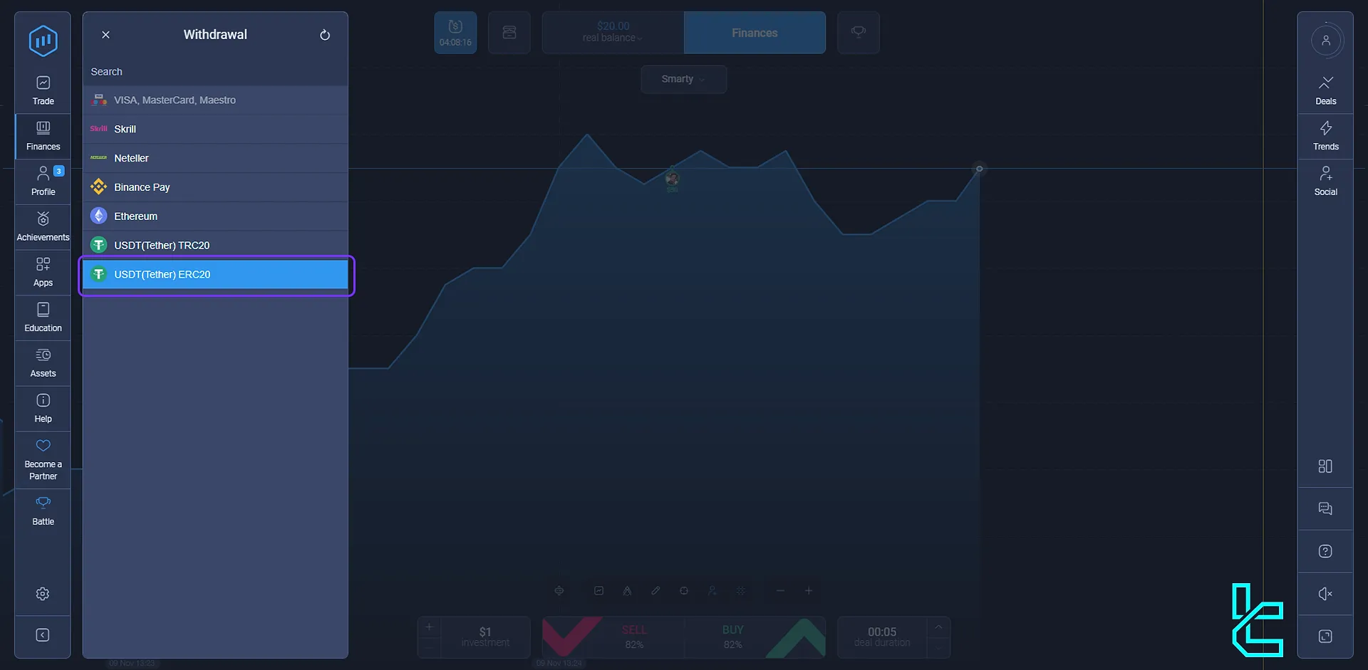 choosing ExpertOption Tether ERC20 withdrawal method