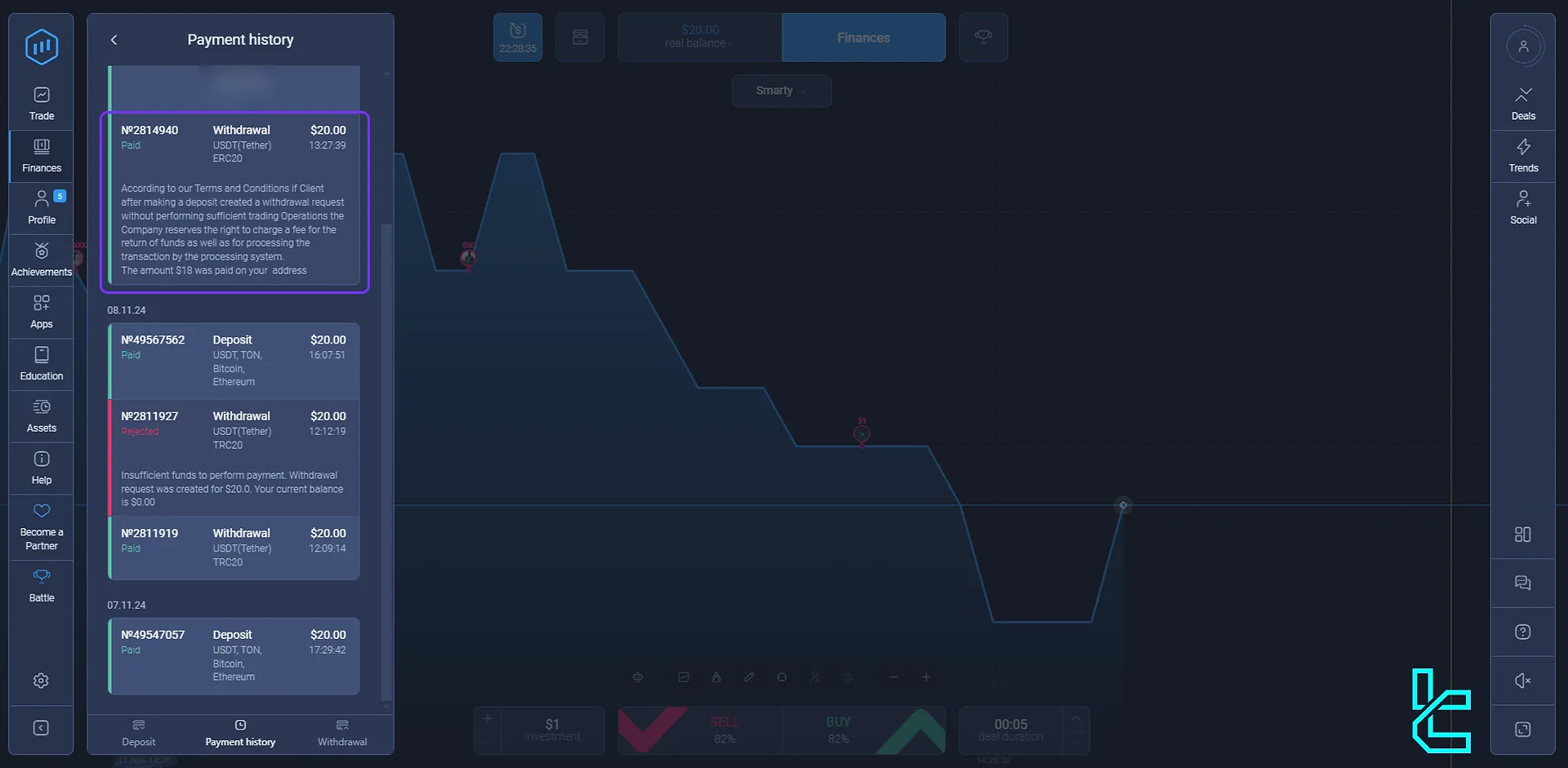 ExpertOption transaction history