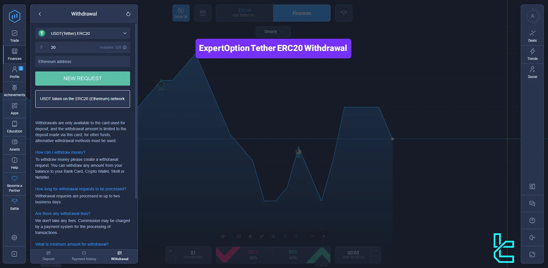 ExpertOption Tether ERC20 withdrawal