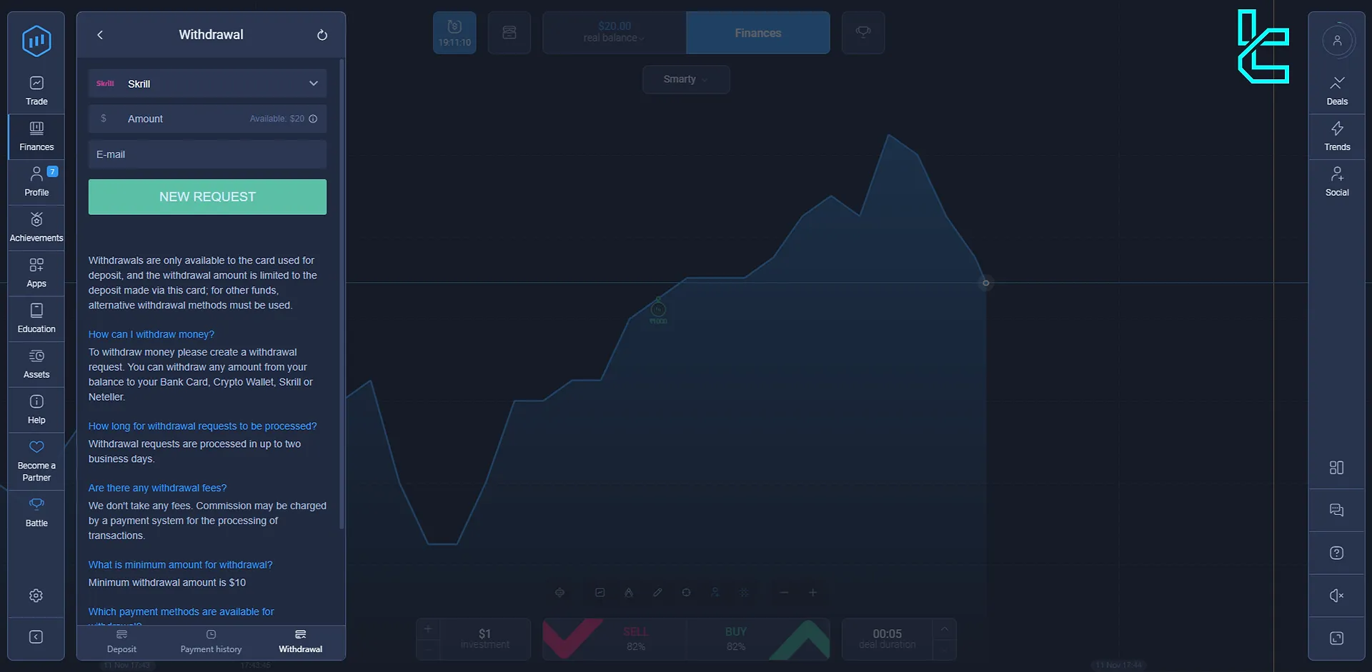 ExpertOption withdrawal page