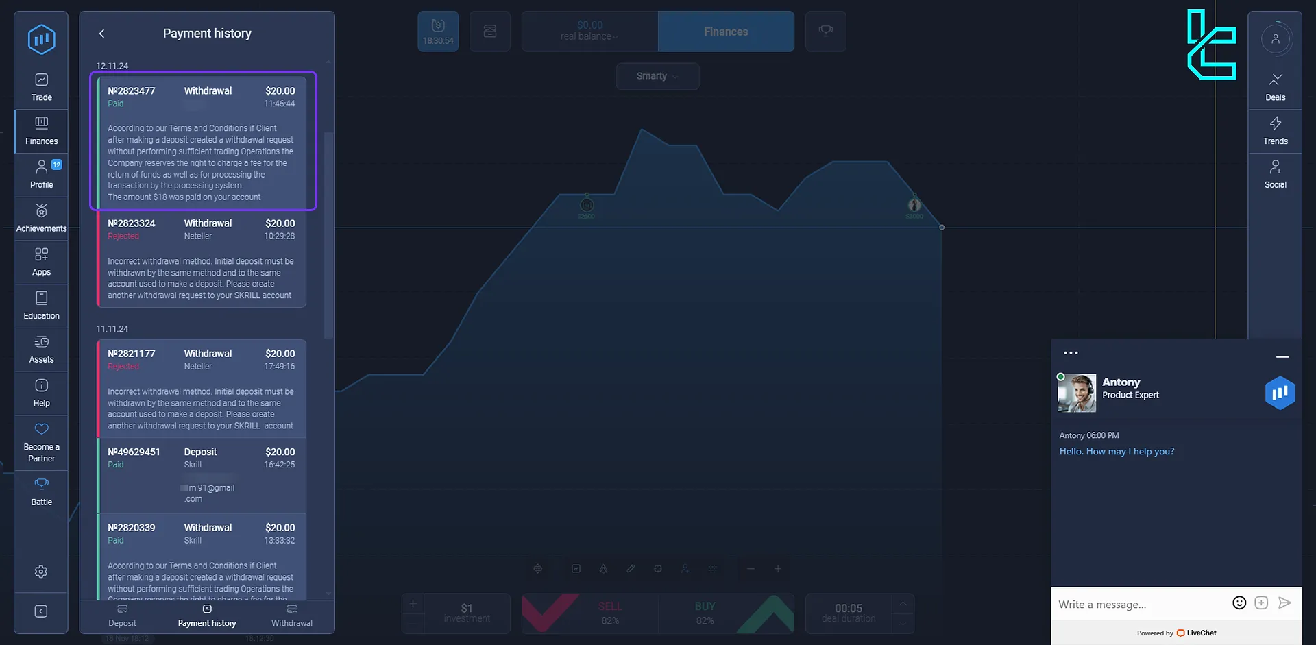 ExpertOption transaction history