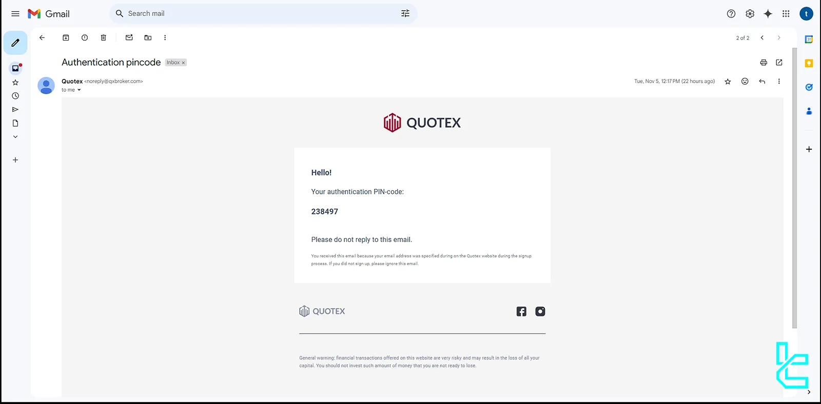 Checking the Quotex’s PIN-Code contained email