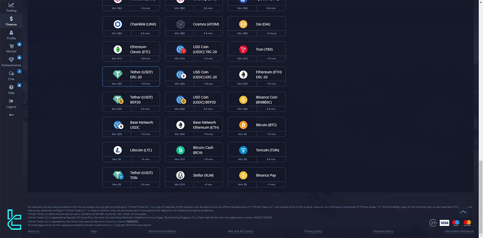 Selecting the Deposit option and the Method