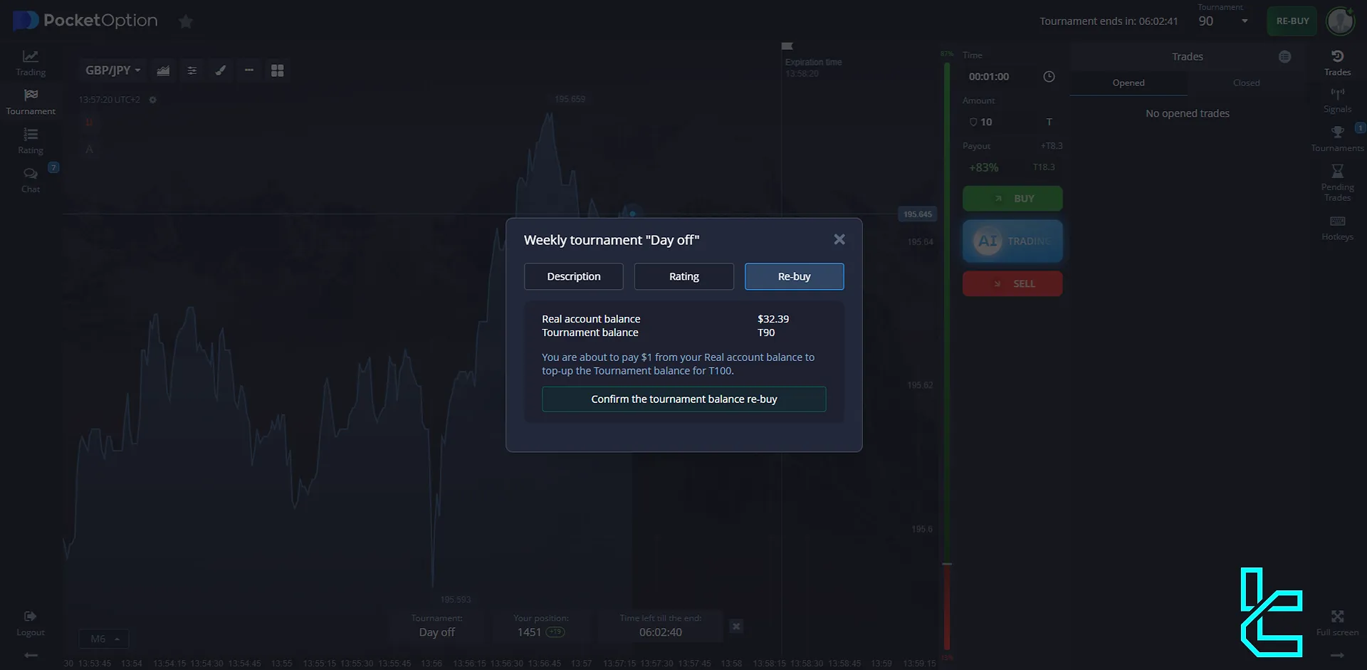 Confirm tournament balance re-buy