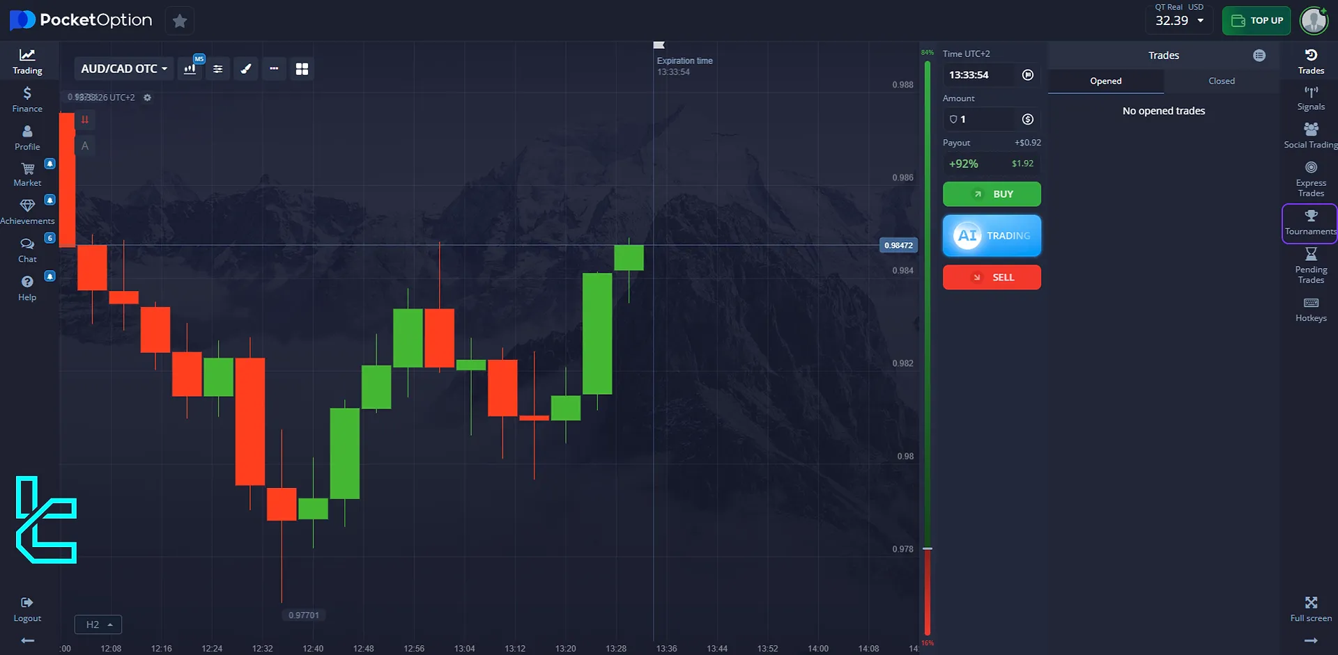 Pocket Option dashboard and “Tournaments” option