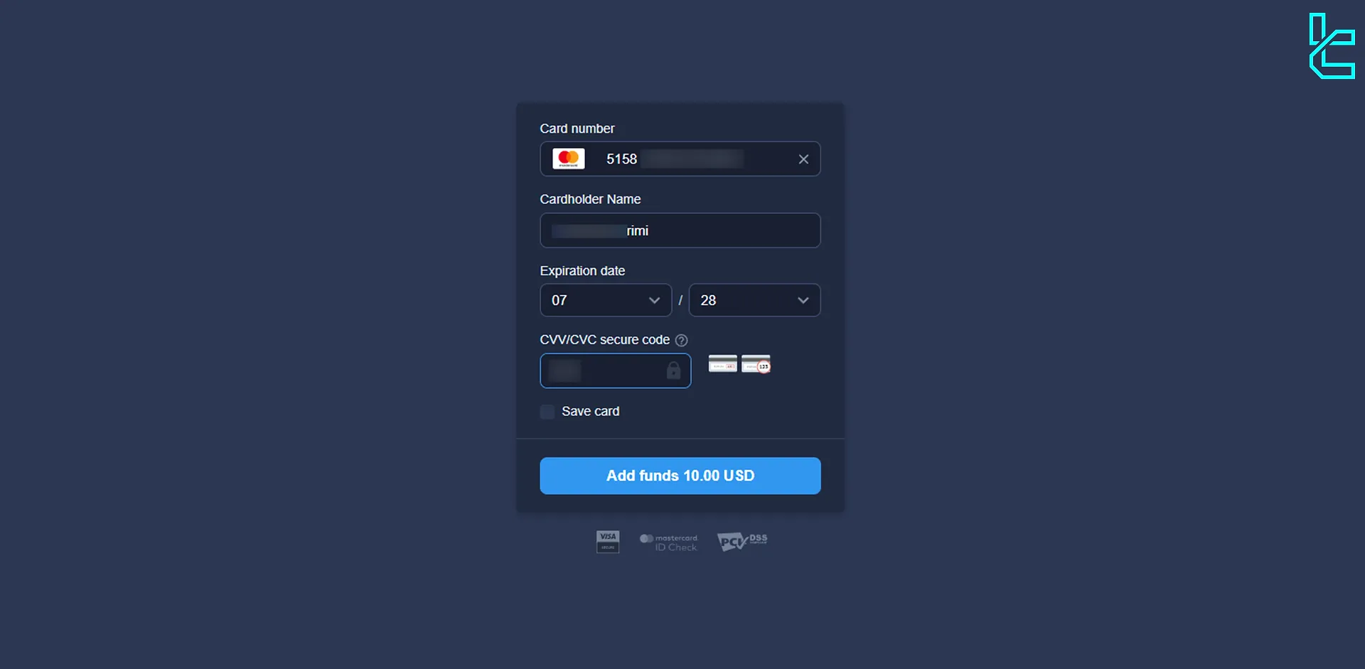 ExpertOption debit/credit card deposit page