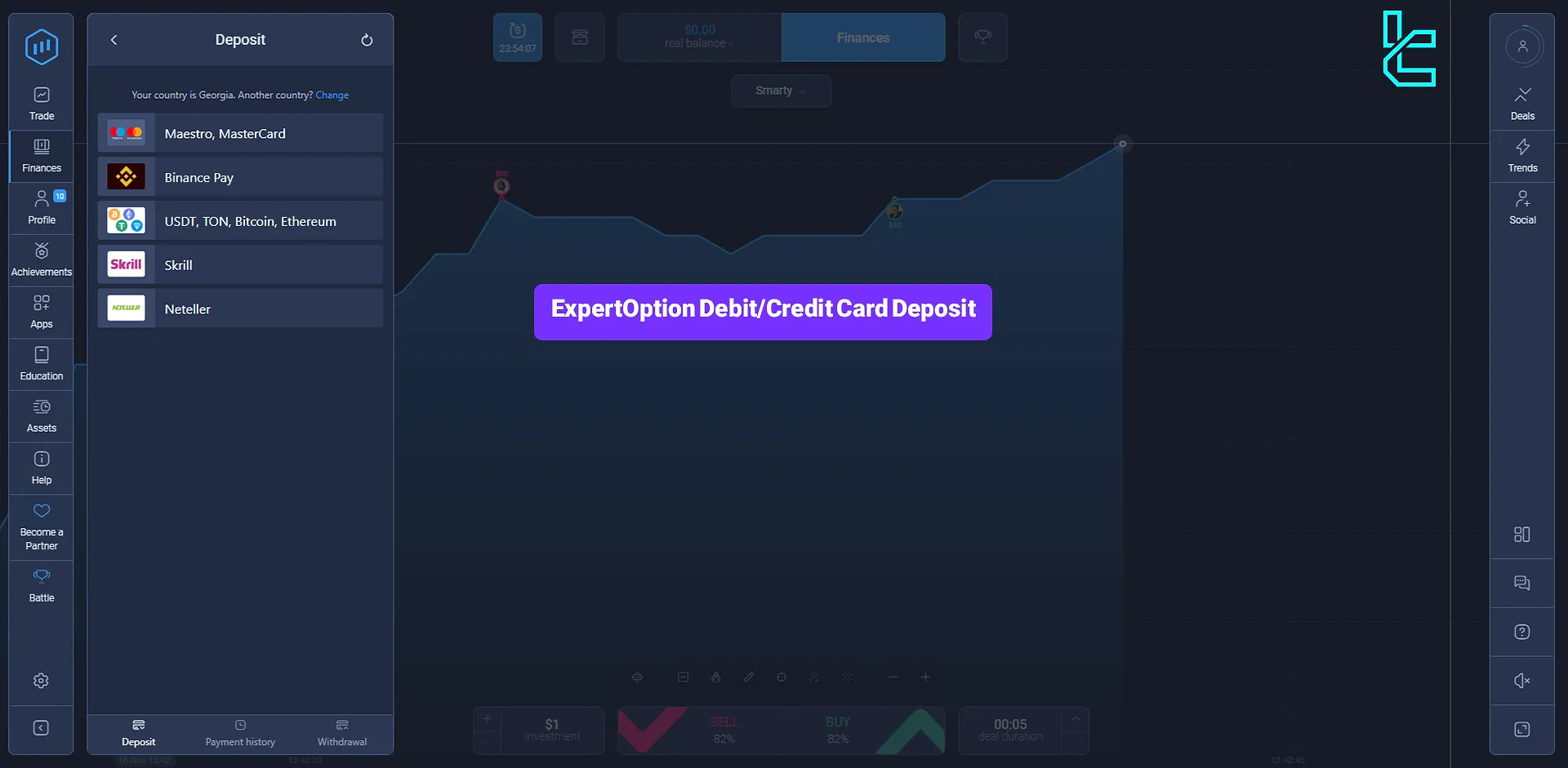 ExpertOption debit/credit card deposit