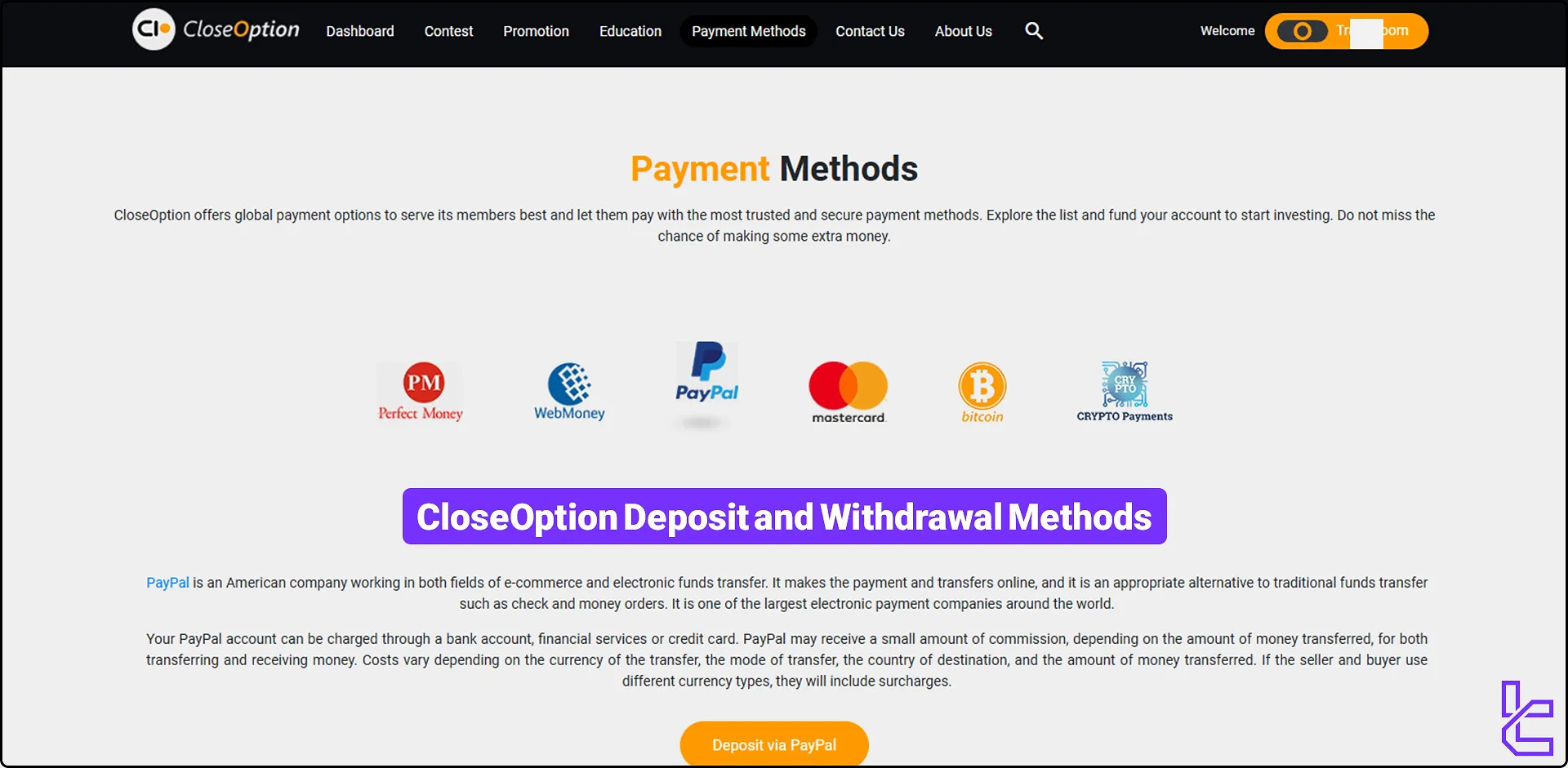 CloseOption deposit and withdrawal methods