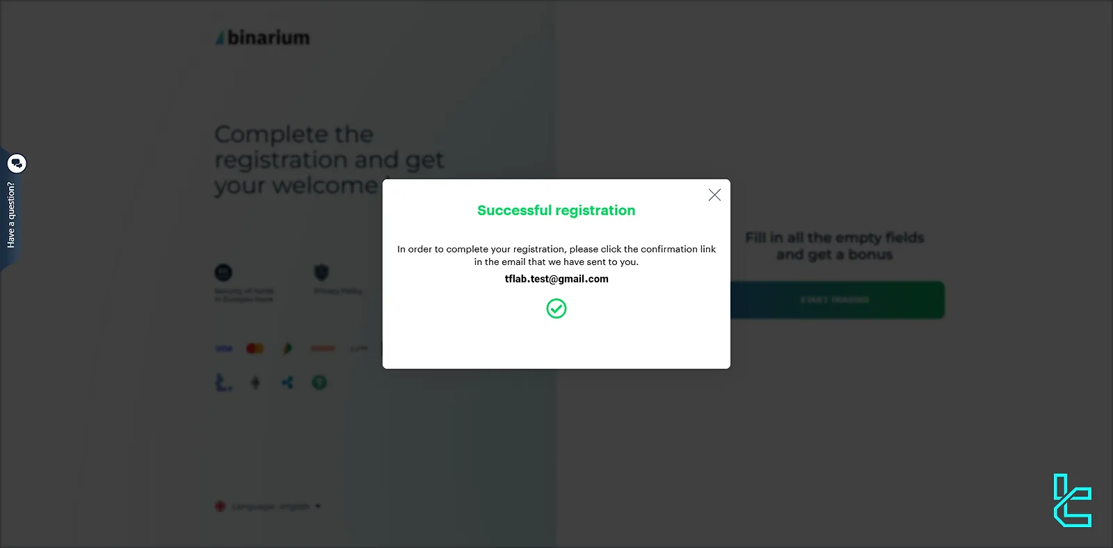 Successful registration message