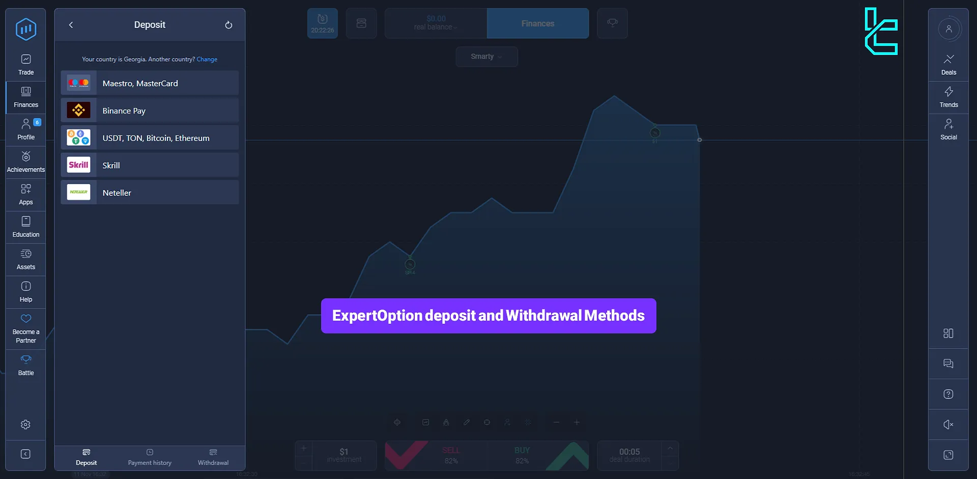 ExpertOption deposit and withdrawal options