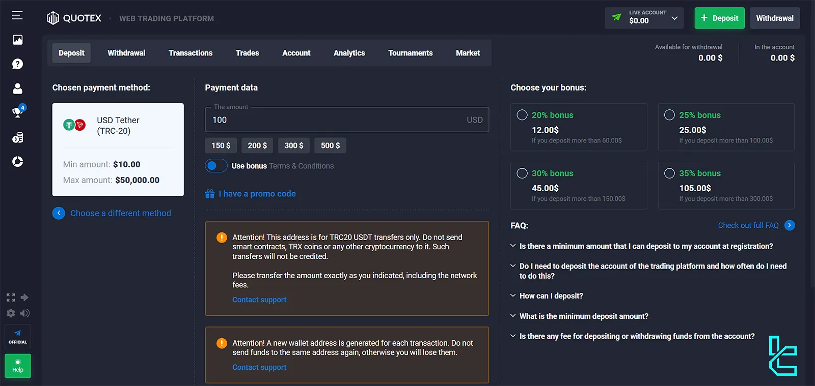 Tether deposit and withdrawal in Quotex