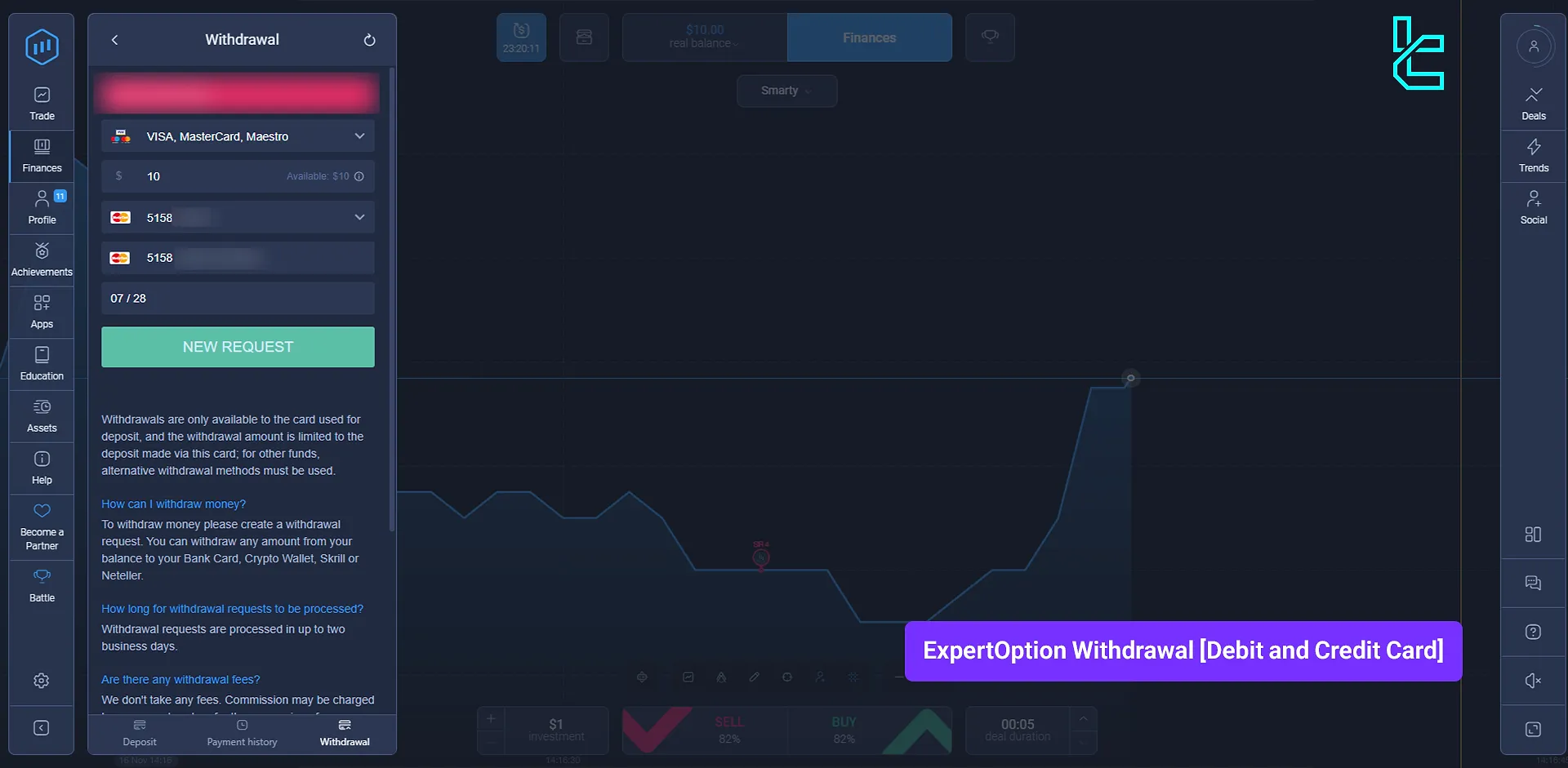 ExpertOption debit and credit card withdrawal