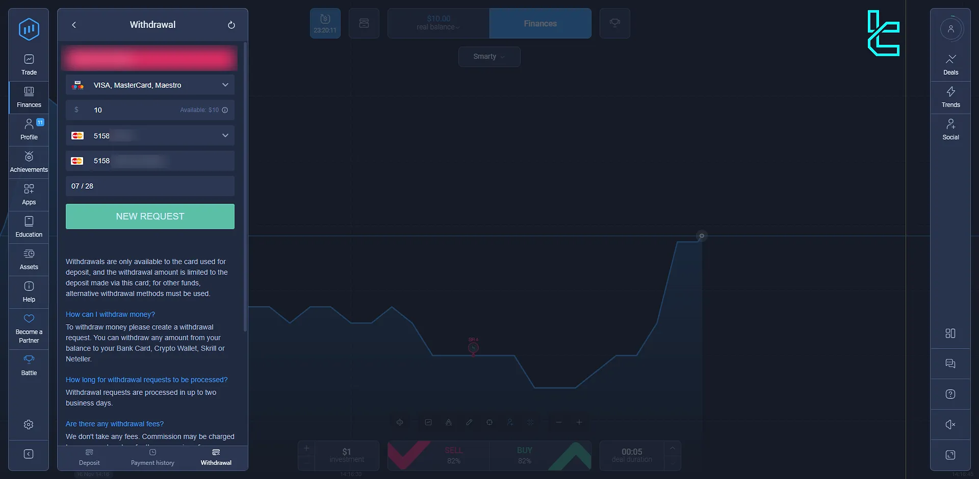 ExpertOption credit card withdrawal information