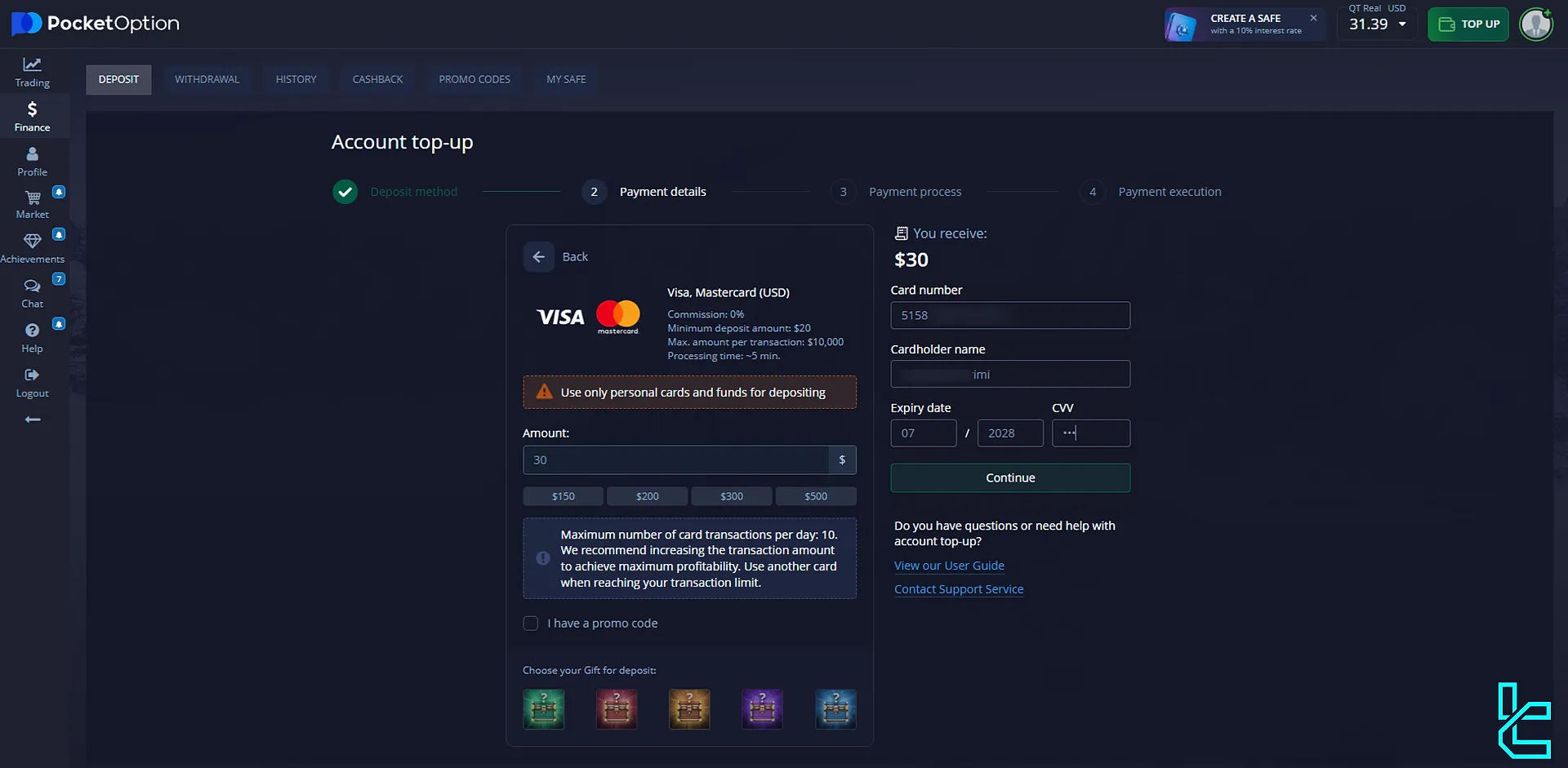 Pocket Option Visa and Mastercard deposit page