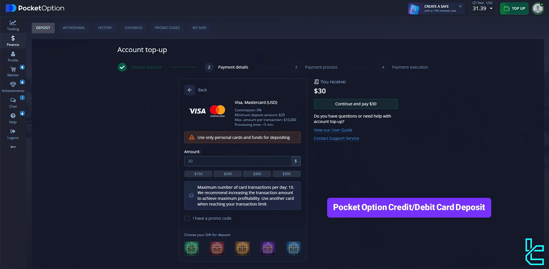 Pocket Option credit/debit card deposit