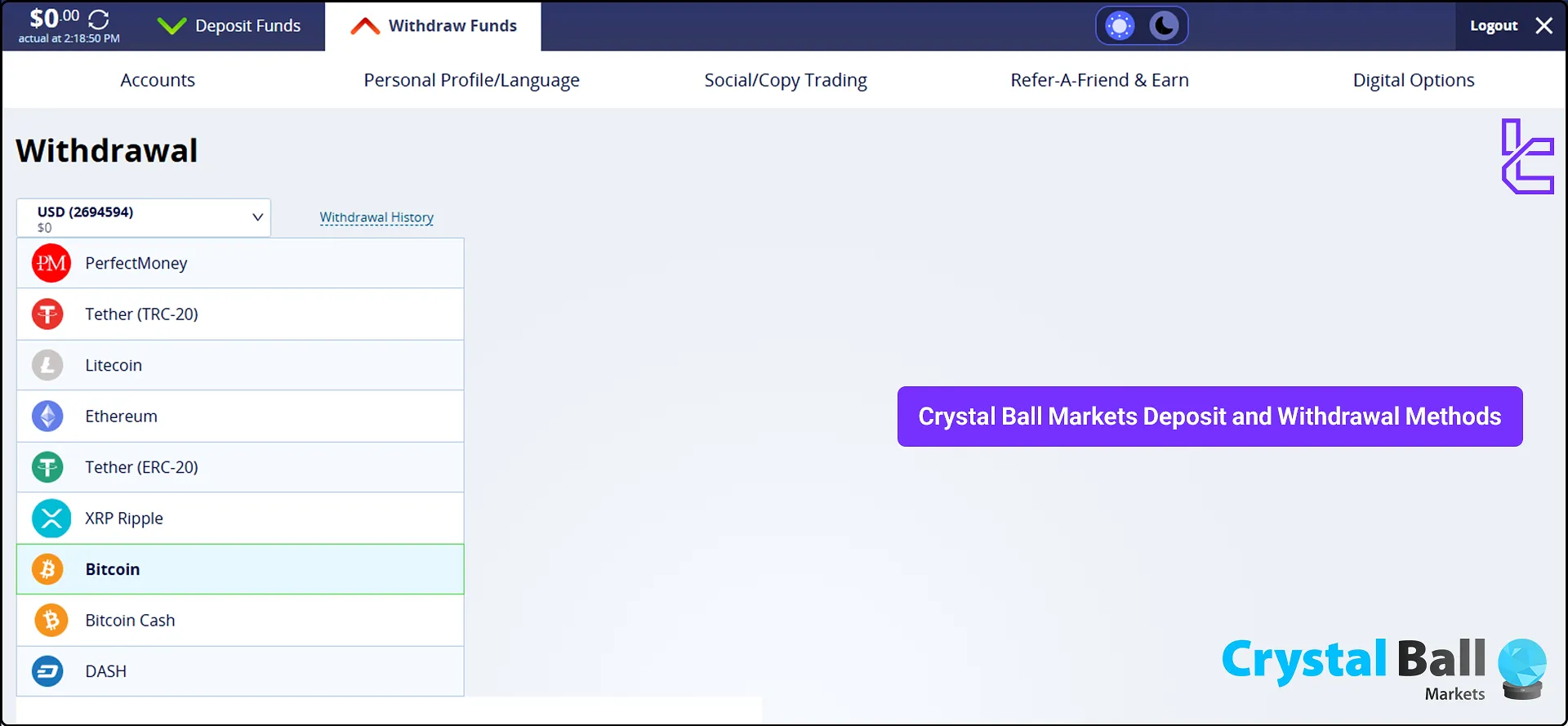 Crystal Ball Markets deposit and withdrawal options